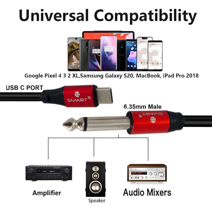 TZ SMART Type-C to 6.35mm 1/4 Inch TS Audio Cable (1.5M) | Gold-Plated USB-C to 6.35mm Mono Interconnect | Aux Adapter for Amplifier, Guitar, Mixer & Speaker