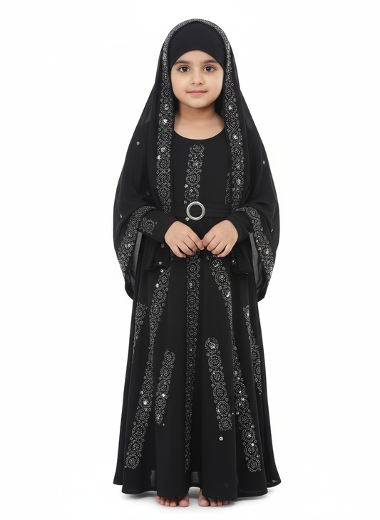 Girls Comfortable Trendy Ready-to-Wear Polyester Burkha – Black Designer Burkha with Stonework Pattern | Stylish Islamic Wear for 2–15 Years