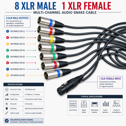 TZ SMART 8 XLR Male to 1 XLR Female Audio Snake Cable 6 Meter | TZ SMART 8 Channel Professional Mixer Cable for DJ, Studio & PA System