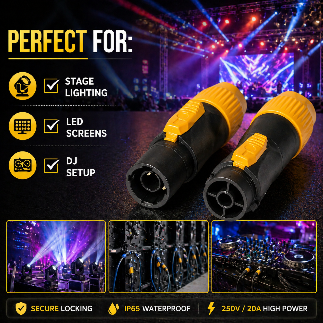 TZ SMART 250V 20A IP65 Waterproof 3 Pin PowerCON TRUE Power Cable Connector | Heavy Duty Locking Plug for Stage Light, LED Screen & DJ Setup