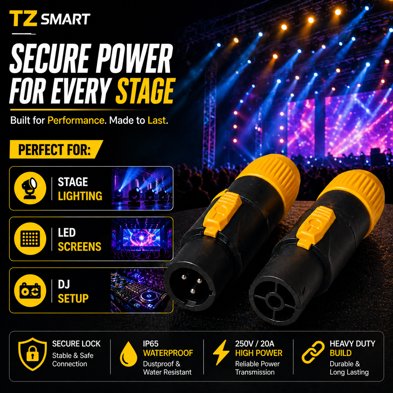 TZ SMART 250V 20A IP65 Waterproof 3 Pin PowerCON TRUE Power Cable Connector | Heavy Duty Locking Plug for Stage Light, LED Screen & DJ Setup