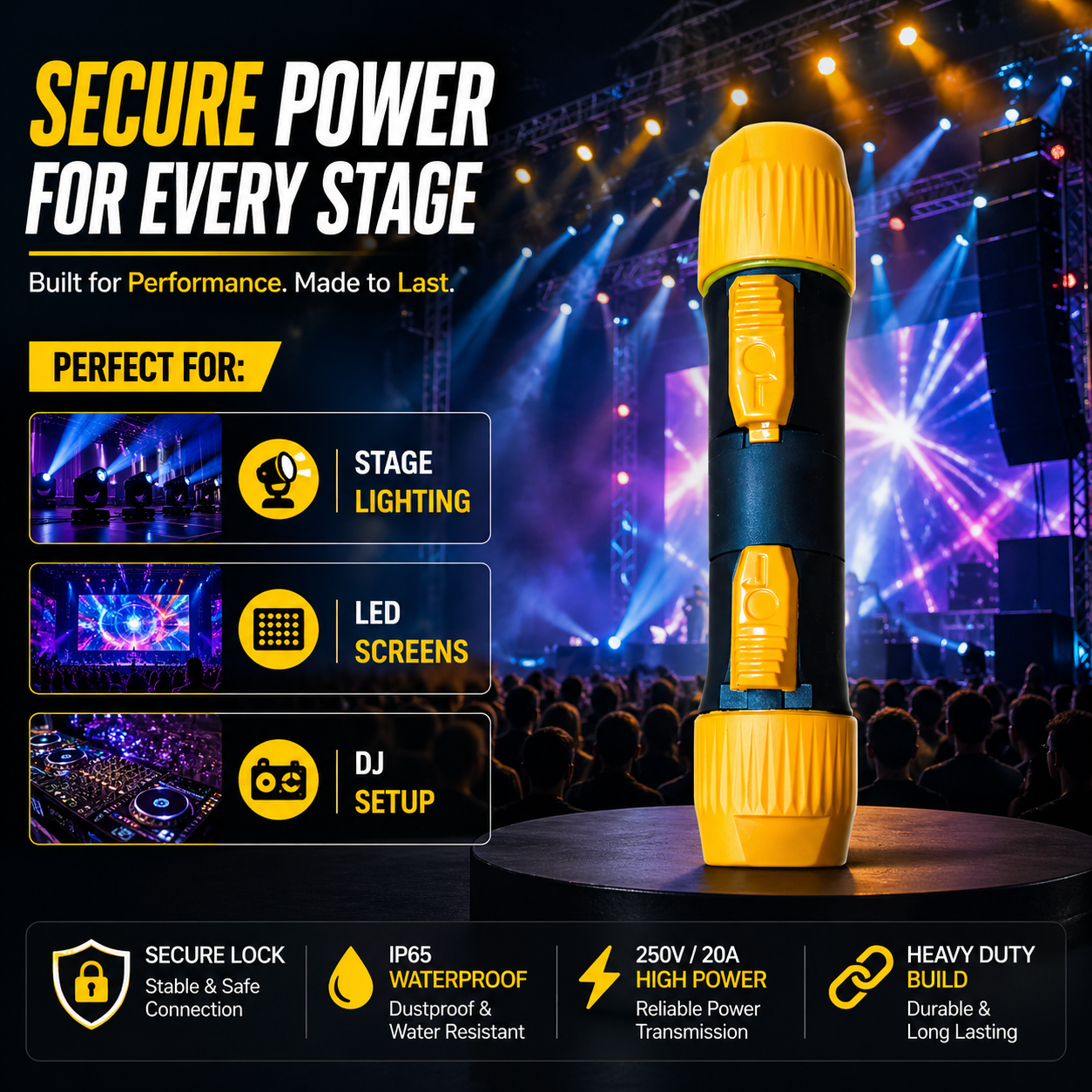 TZ SMART 250V 20A IP65 Waterproof 3 Pin PowerCON TRUE Power Cable Connector | Heavy Duty Locking Plug for Stage Light, LED Screen & DJ Setup