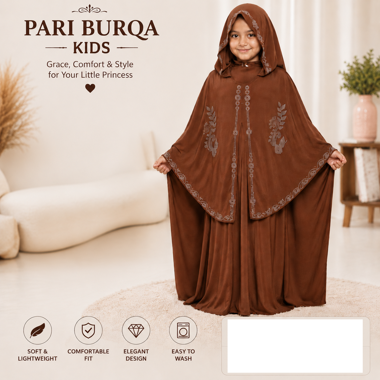 TZ SMART PARI Kids Brown Burqa with Attached Hijab | Embroidered Islamic Abaya Dress for Girls | Modest Prayer Wear
