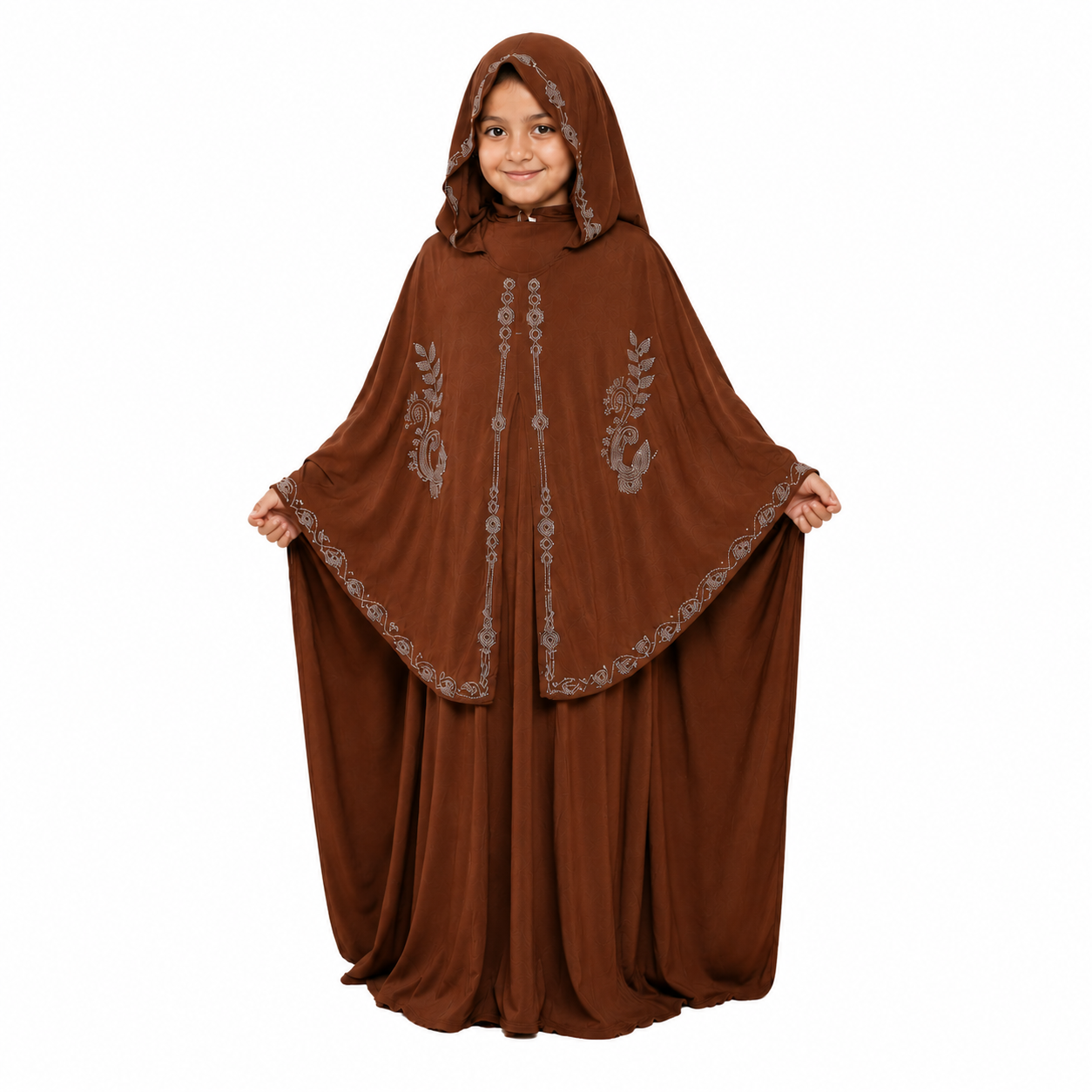 TZ SMART PARI Kids Brown Burqa with Attached Hijab | Embroidered Islamic Abaya Dress for Girls | Modest Prayer Wear