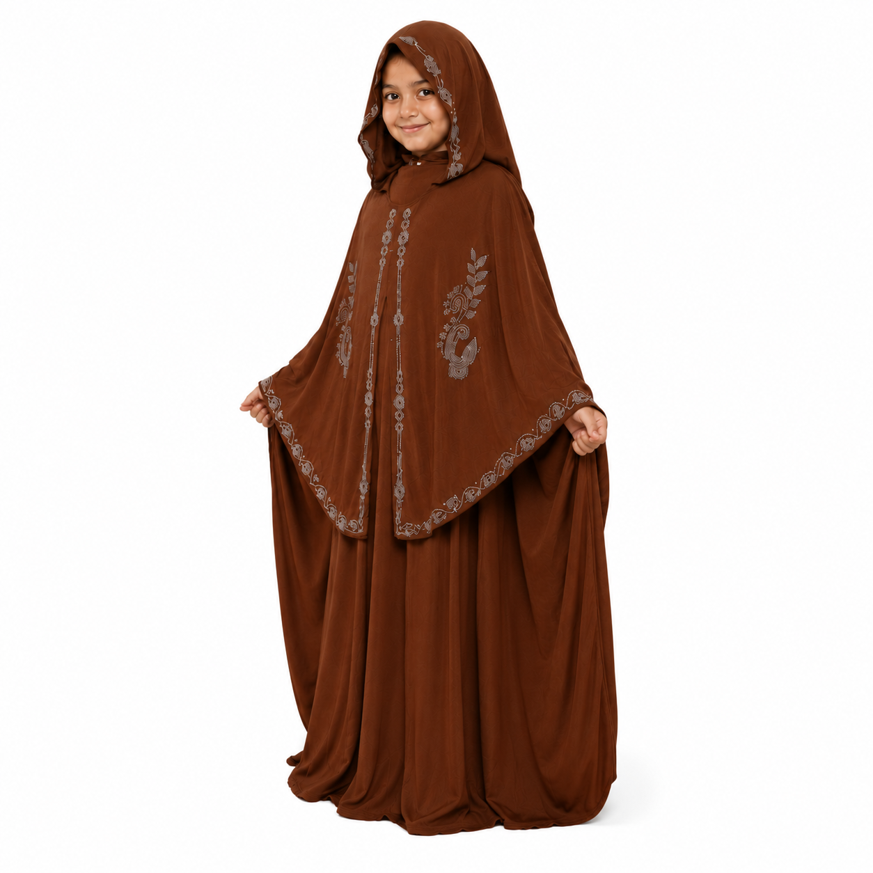 TZ SMART PARI Kids Brown Burqa with Attached Hijab | Embroidered Islamic Abaya Dress for Girls | Modest Prayer Wear