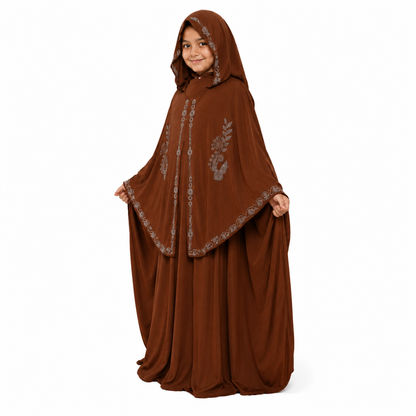 TZ SMART PARI Kids Brown Burqa with Attached Hijab | Embroidered Islamic Abaya Dress for Girls | Modest Prayer Wear