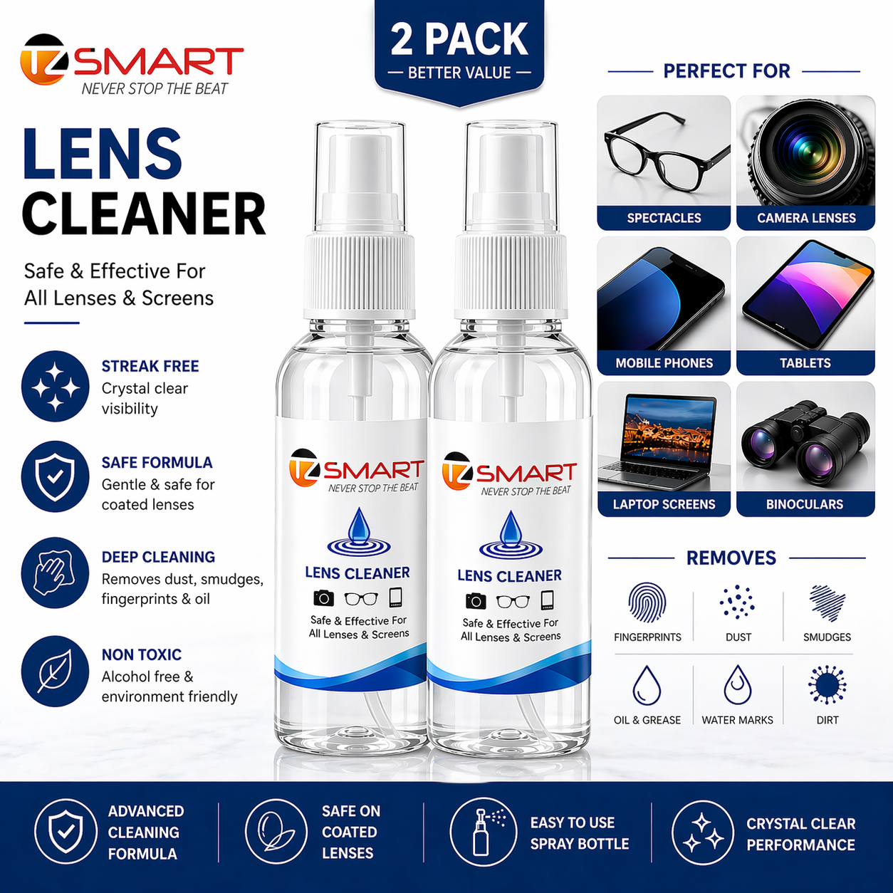 TZ SMART Lens Cleaner Spray | Streak-Free Cleaning for Glasses, Mobile, Laptop, Camera | Safe Formula |