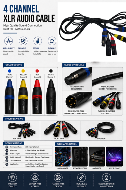TZ SMART 4 Channel XLR 3 Pin Audio Cable | Male to Female Professional Mic Cable | Color Coded (Blue/Yellow/Red/Black) | Mixer, Amplifier, Speaker Compatible