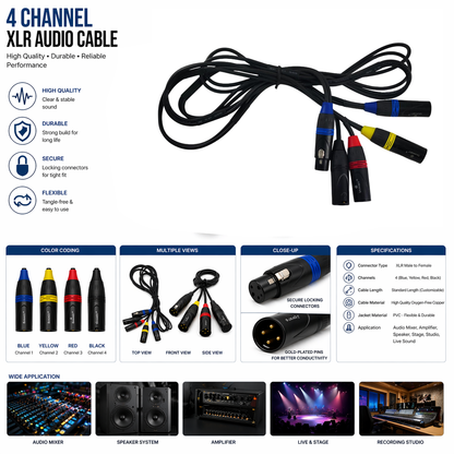 TZ SMART 4 Channel XLR 3 Pin Audio Cable | Male to Female Professional Mic Cable | Color Coded (Blue/Yellow/Red/Black) | Mixer, Amplifier, Speaker Compatible