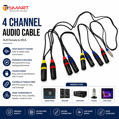 TZ SMART 8 XLR Male to 1 RCA Audio Cable 3 Meter | Professional 8 Channel XLR Male to RCA Connector Cable | Mixer, Amplifier, PA System, Studio Use
