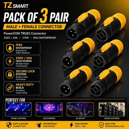 TZ SMART 250V 20A IP65 Waterproof 3 Pin PowerCON TRUE Power Cable Connector | Heavy Duty Locking Plug for Stage Light, LED Screen & DJ Setup