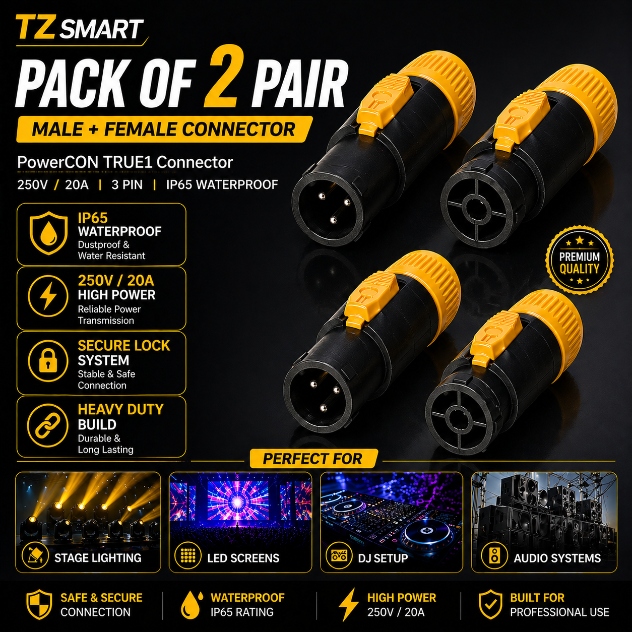 TZ SMART 250V 20A IP65 Waterproof 3 Pin PowerCON TRUE Power Cable Connector | Heavy Duty Locking Plug for Stage Light, LED Screen & DJ Setup