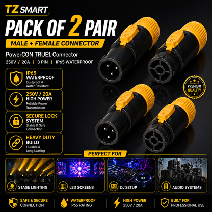 TZ SMART 250V 20A IP65 Waterproof 3 Pin PowerCON TRUE Power Cable Connector | Heavy Duty Locking Plug for Stage Light, LED Screen & DJ Setup