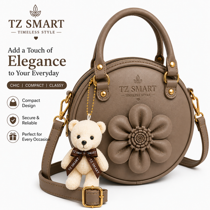 TZ SMART Women’s Round Handbag with Teddy Charm & Floral Design | Stylish Sling & Hand Carry Bag