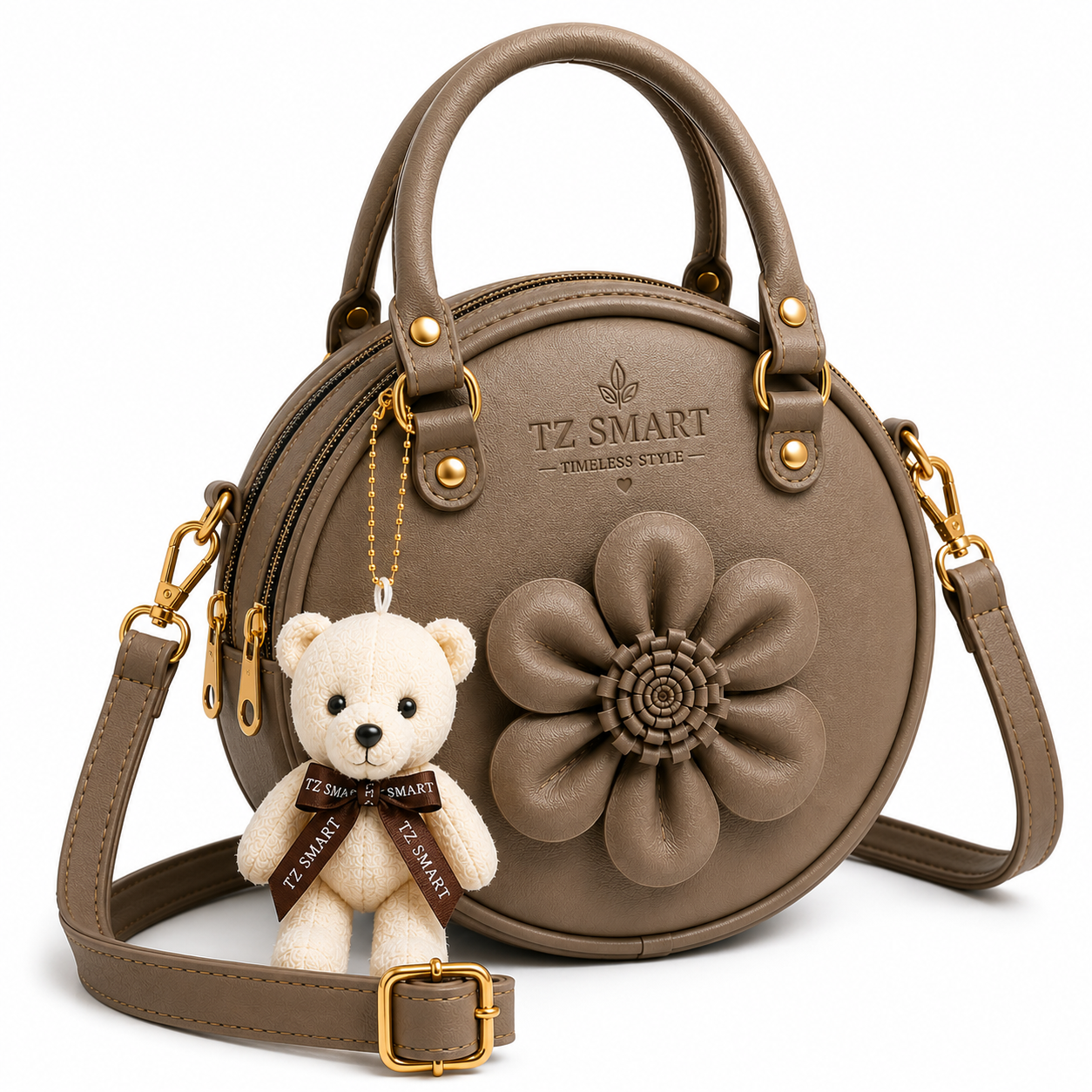 TZ SMART Women’s Round Handbag with Teddy Charm & Floral Design | Stylish Sling & Hand Carry Bag