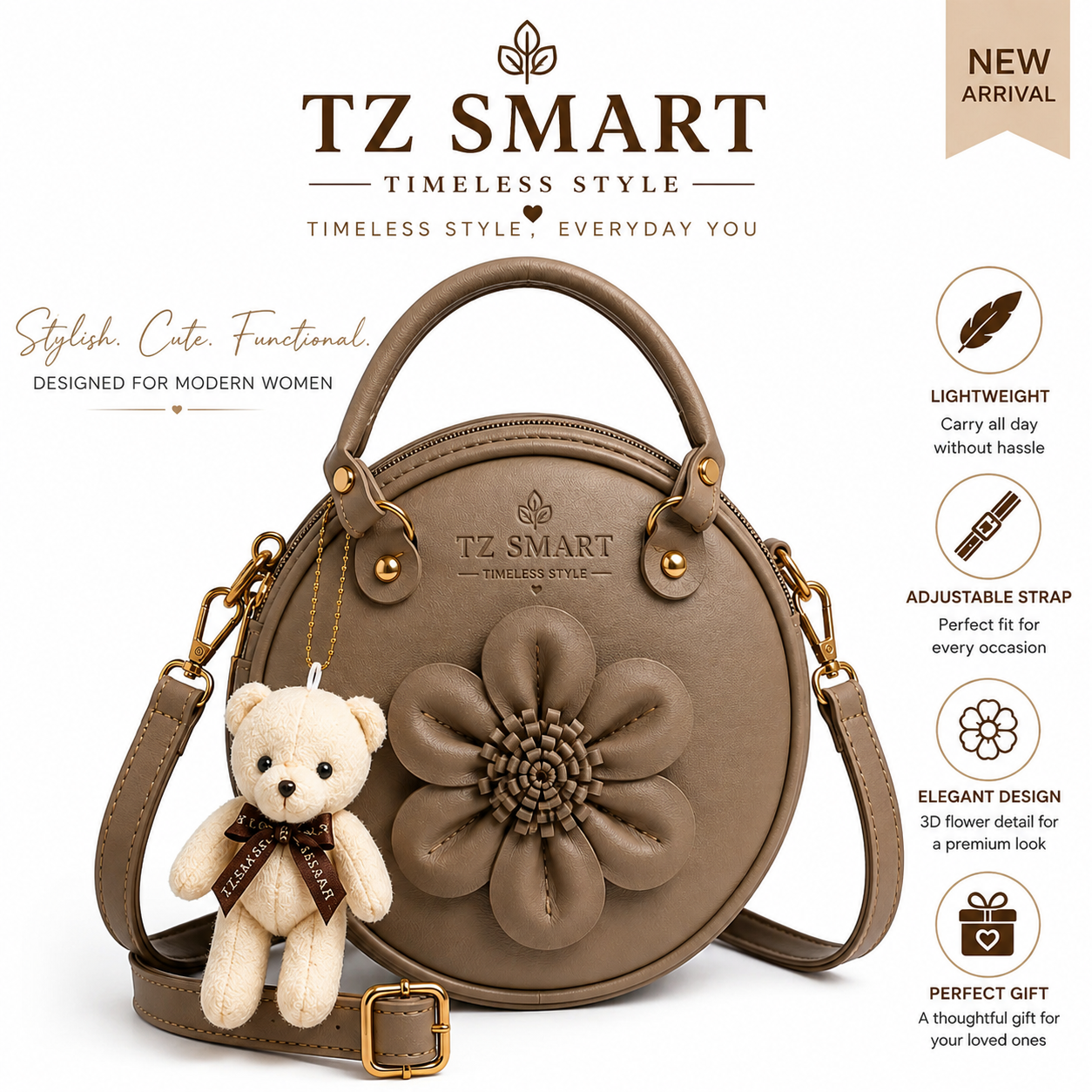 TZ SMART Women’s Round Handbag with Teddy Charm & Floral Design | Stylish Sling & Hand Carry Bag
