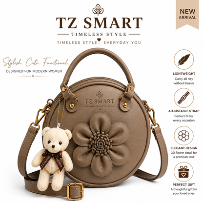 TZ SMART Women’s Round Handbag with Teddy Charm & Floral Design | Stylish Sling & Hand Carry Bag