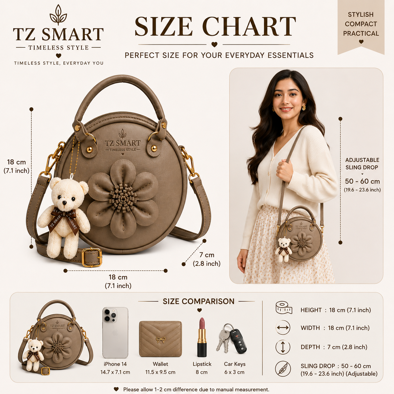 TZ SMART Women’s Round Handbag with Teddy Charm & Floral Design | Stylish Sling & Hand Carry Bag