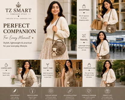 TZ SMART Women’s Round Handbag with Teddy Charm & Floral Design | Stylish Sling & Hand Carry Bag