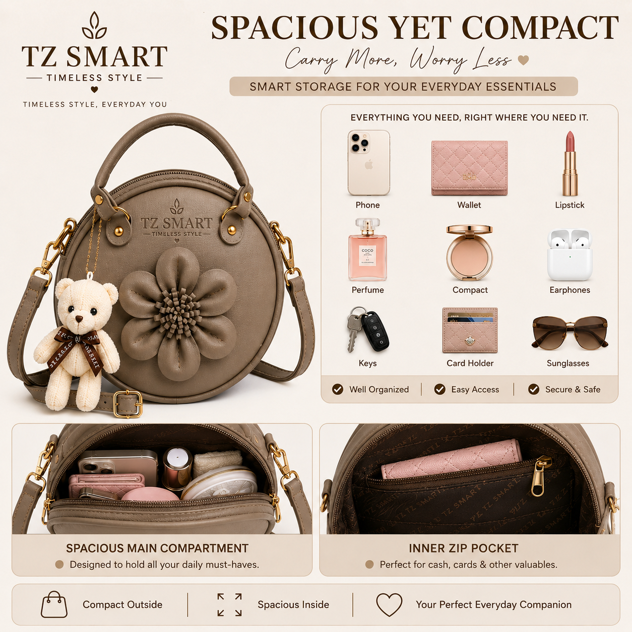 TZ SMART Women’s Round Handbag with Teddy Charm & Floral Design | Stylish Sling & Hand Carry Bag