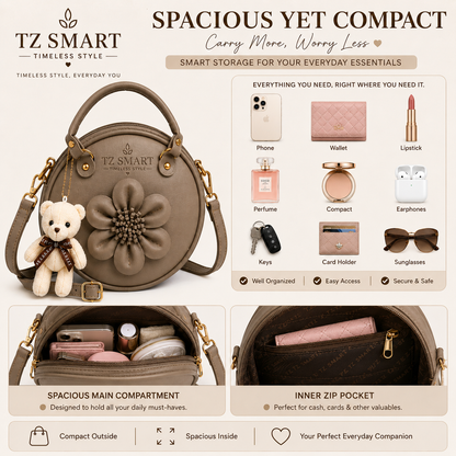 TZ SMART Women’s Round Handbag with Teddy Charm & Floral Design | Stylish Sling & Hand Carry Bag