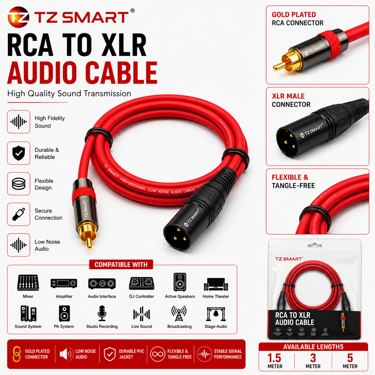 TZ SMART RCA to XLR Male 3 Pin Audio Cable | Gold Plated Connector | Low Noise Professional Sound Cable for Mixer, Amplifier, Speaker & DJ Setup