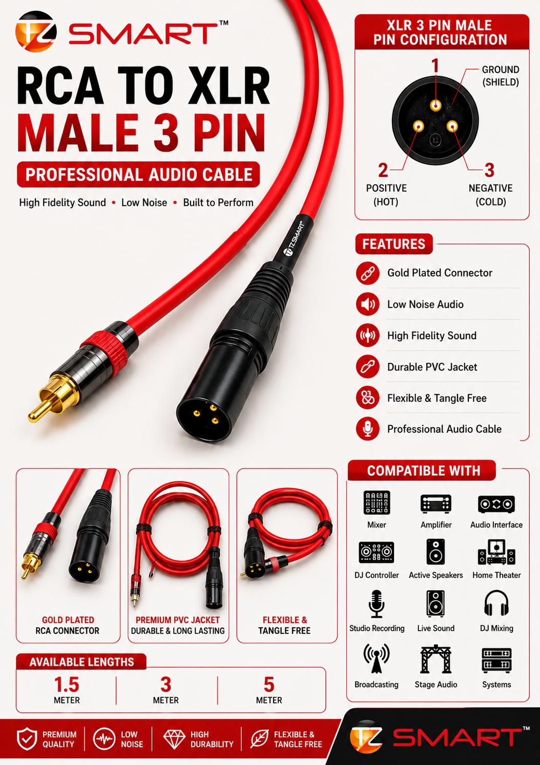 TZ SMART RCA to XLR Male 3 Pin Audio Cable | Gold Plated Connector | Low Noise Professional Sound Cable for Mixer, Amplifier, Speaker & DJ Setup