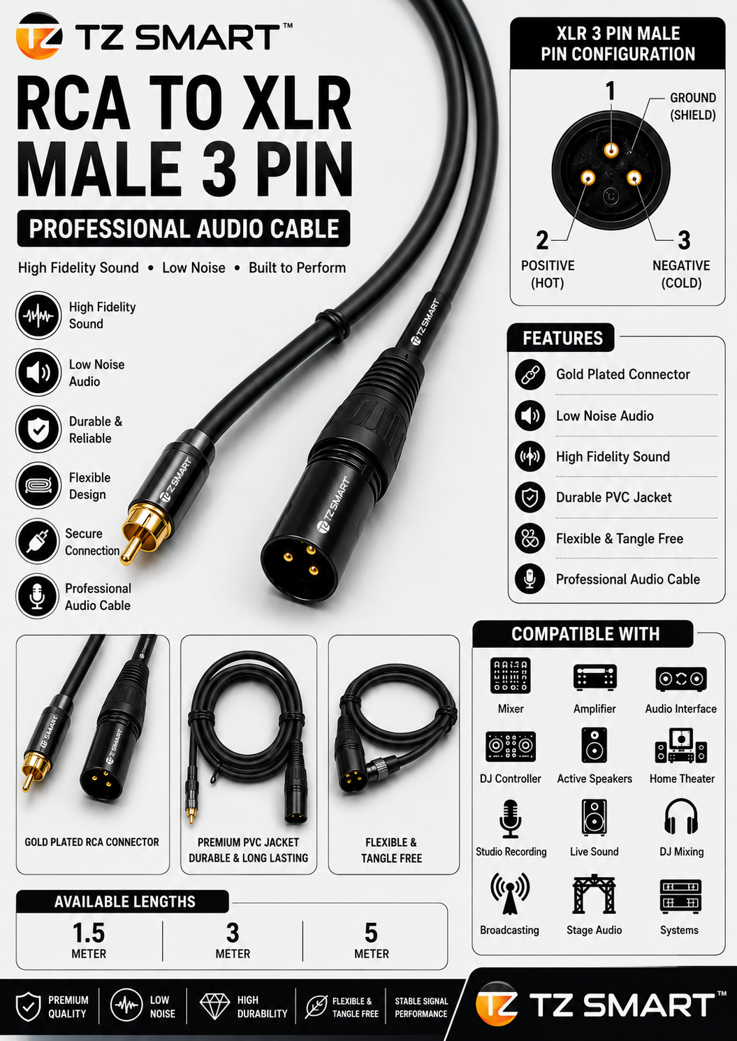 TZ SMART RCA to XLR Male 3 Pin Audio Cable | Gold Plated Connector | Low Noise Professional Sound Cable for Mixer, Amplifier, Speaker & DJ Setup