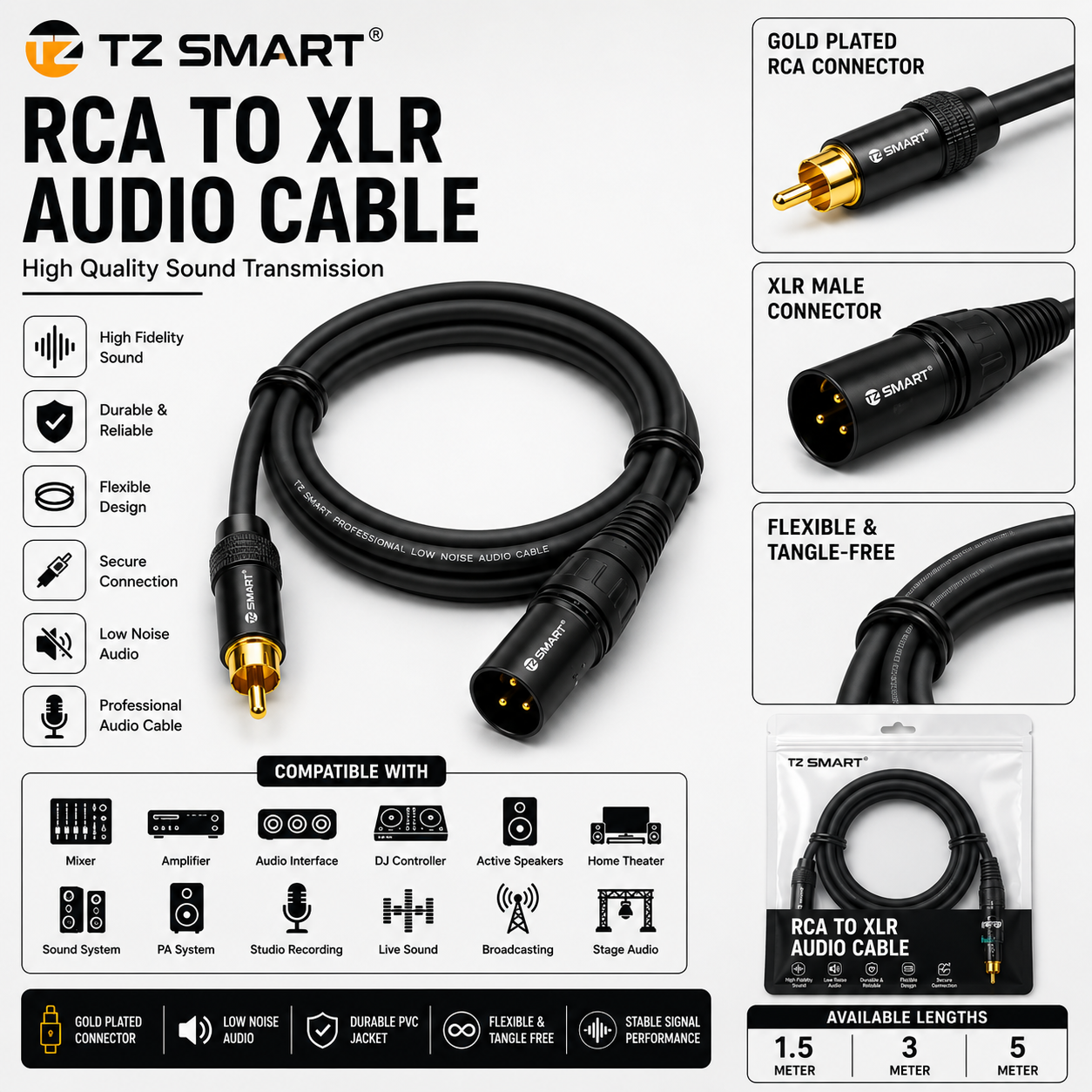 TZ SMART RCA to XLR Male 3 Pin Audio Cable | Gold Plated Connector | Low Noise Professional Sound Cable for Mixer, Amplifier, Speaker & DJ Setup