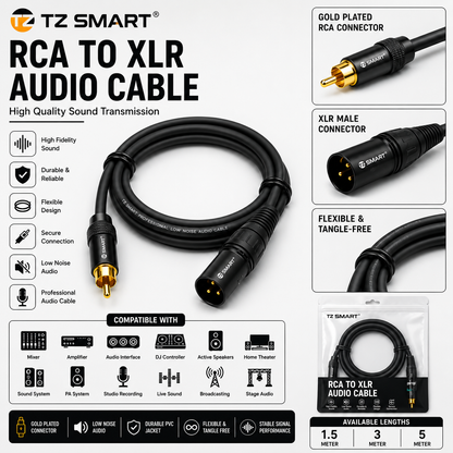 TZ SMART RCA to XLR Male 3 Pin Audio Cable | Gold Plated Connector | Low Noise Professional Sound Cable for Mixer, Amplifier, Speaker & DJ Setup