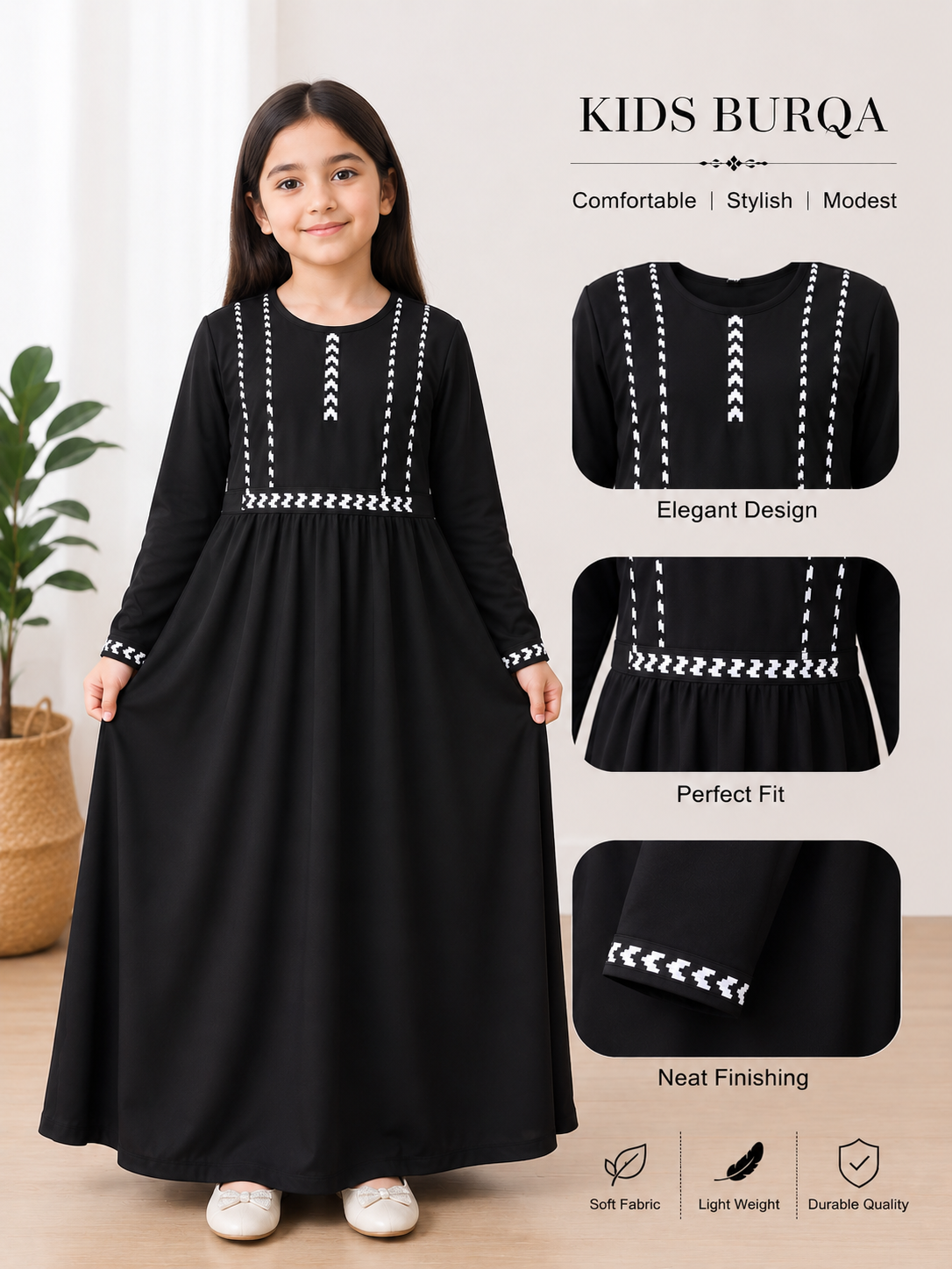 TZ SMART Kids Black Embroidered Abaya Dress for Girls | Full Sleeve Modest Islamic Wear | Stylish Flared Muslim Dress