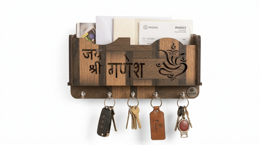 Wooden Wall Mounted Key Holder with Mail Organizer | Ganesh Design | 5 Hooks Key Stand for Home Décor & Entryway