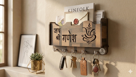 Wooden Wall Mounted Key Holder with Mail Organizer | Ganesh Design | 5 Hooks Key Stand for Home Décor & Entryway