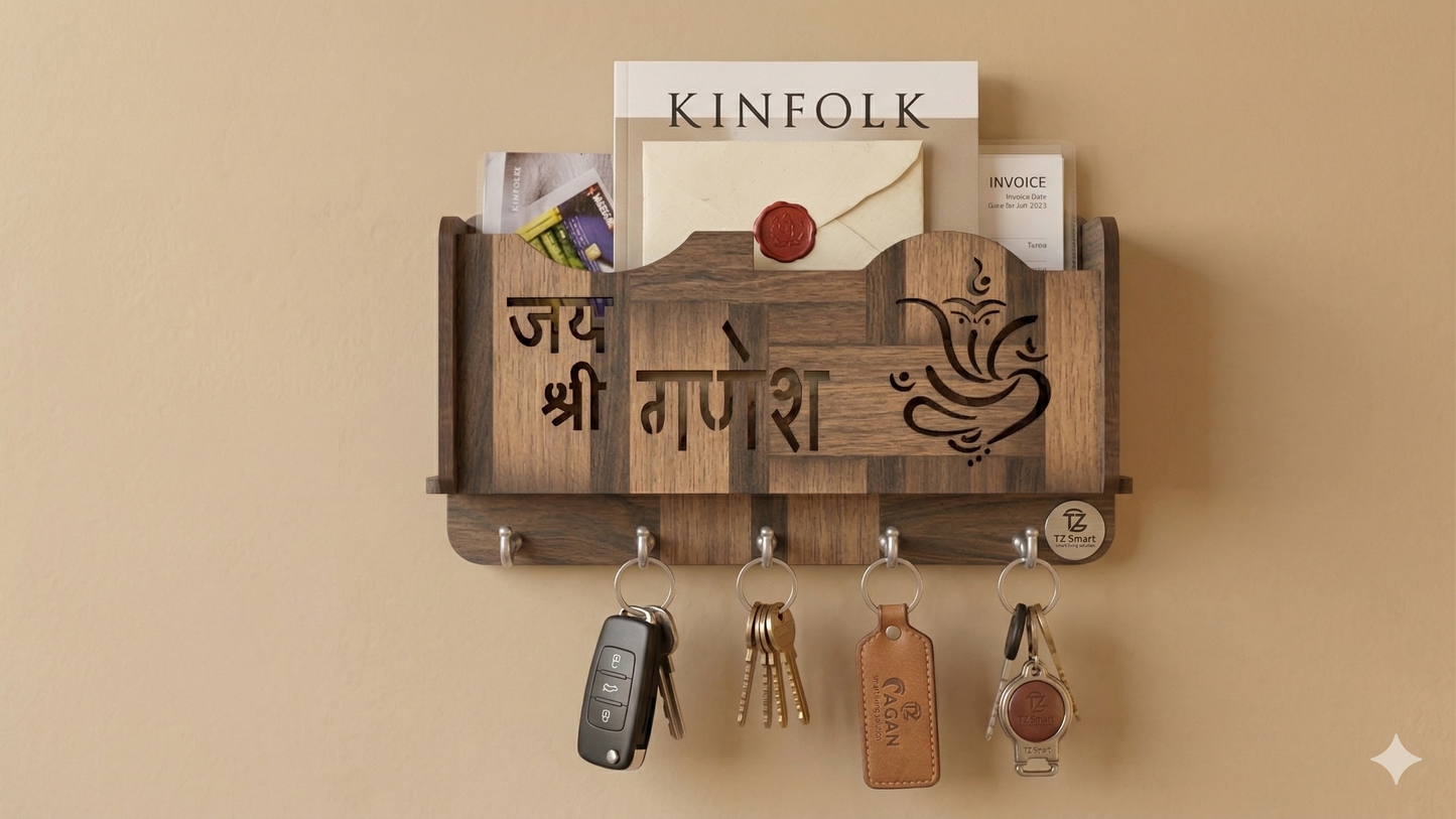Wooden Wall Mounted Key Holder with Mail Organizer | Ganesh Design | 5 Hooks Key Stand for Home Décor & Entryway