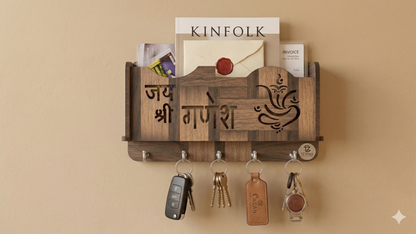 Wooden Wall Mounted Key Holder with Mail Organizer | Ganesh Design | 5 Hooks Key Stand for Home Décor & Entryway
