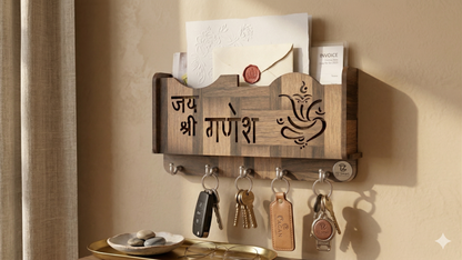 Wooden Wall Mounted Key Holder with Mail Organizer | Ganesh Design | 5 Hooks Key Stand for Home Décor & Entryway