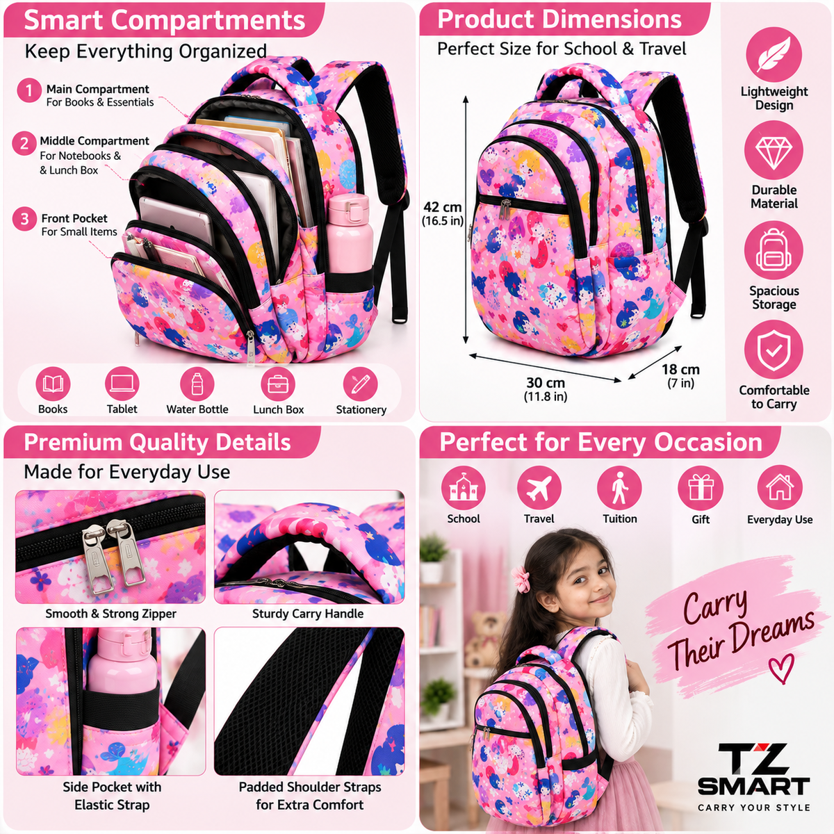 TZ SMART Kids School Backpack for Girls | Cute Cartoon Printed School Bag | Multi Compartment Backpack with Padded Shoulder Straps – Pink