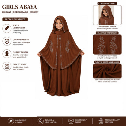 TZ SMART PARI Kids Brown Burqa with Attached Hijab | Embroidered Islamic Abaya Dress for Girls | Modest Prayer Wear