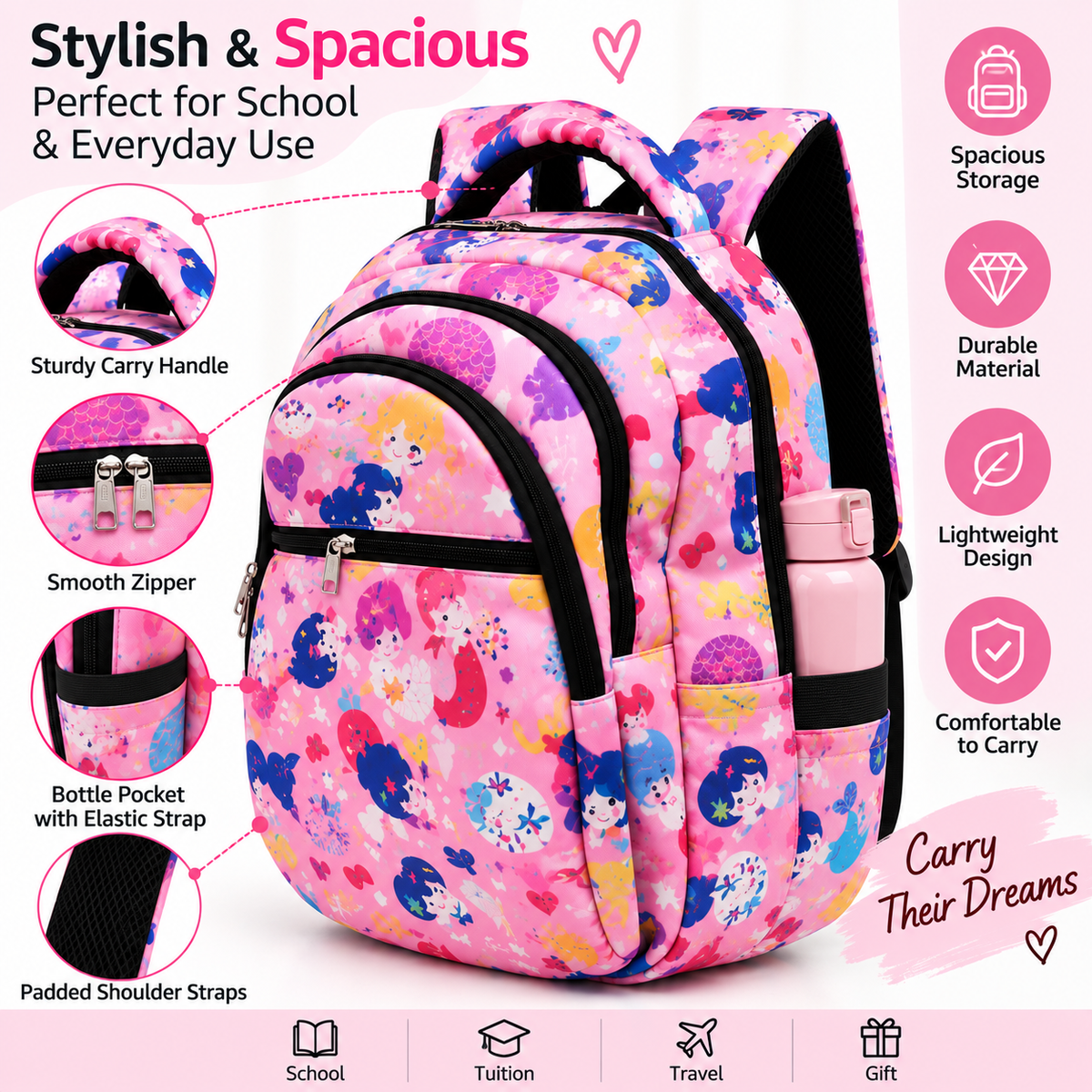 TZ SMART Kids School Backpack for Girls | Cute Cartoon Printed School Bag | Multi Compartment Backpack with Padded Shoulder Straps – Pink