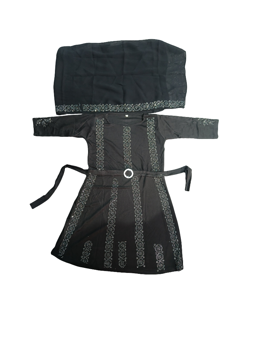 Girls Comfortable Trendy Ready-to-Wear Polyester Burkha – Black Designer Burkha with Stonework Pattern | Stylish Islamic Wear for 2–15 Years