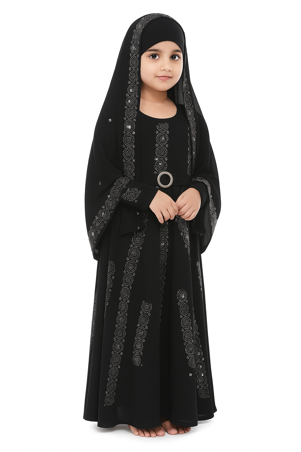 Girls Comfortable Trendy Ready-to-Wear Polyester Burkha – Black Designer Burkha with Stonework Pattern | Stylish Islamic Wear for 2–15 Years