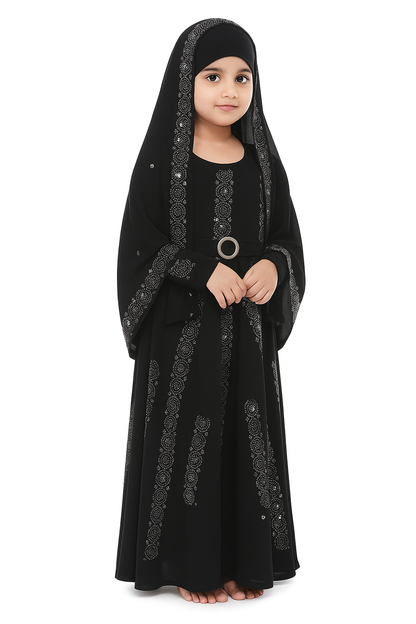 Girls Comfortable Trendy Ready-to-Wear Polyester Burkha – Black Designer Burkha with Stonework Pattern | Stylish Islamic Wear for 2–15 Years