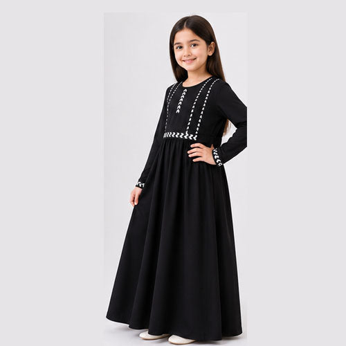 TZ SMART Kids Black Embroidered Abaya Dress for Girls | Full Sleeve Modest Islamic Wear | Stylish Flared Muslim Dress