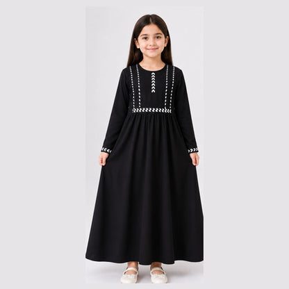TZ SMART Kids Black Embroidered Abaya Dress for Girls | Full Sleeve Modest Islamic Wear | Stylish Flared Muslim Dress