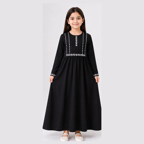TZ SMART Kids Black Embroidered Abaya Dress for Girls | Full Sleeve Modest Islamic Wear | Stylish Flared Muslim Dress