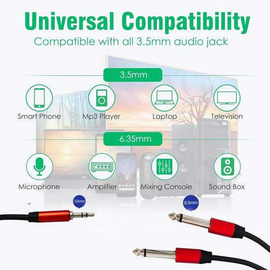 TZ SMART Professional Series 3.5mm Stereo to Dual 6.35mm Mono Y-Splitter Cable | Audio Jack to Dual 1/4 Inch TS Cable for Mixer, Amplifier & Studio Use