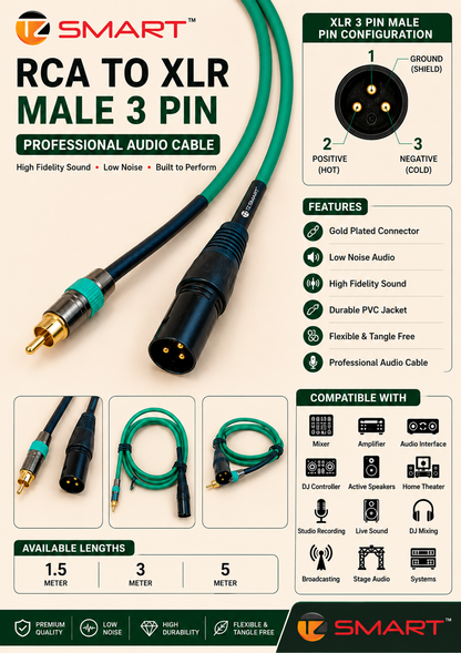 TZ SMART RCA to XLR Male 3 Pin Audio Cable | Gold Plated Connector | Low Noise Professional Sound Cable for Mixer, Amplifier, Speaker & DJ Setup
