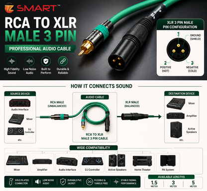 TZ SMART RCA to XLR Male 3 Pin Audio Cable | Gold Plated Connector | Low Noise Professional Sound Cable for Mixer, Amplifier, Speaker & DJ Setup