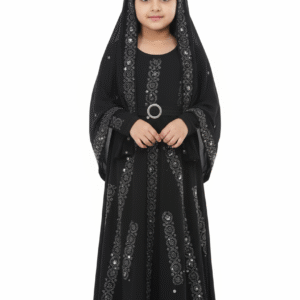Girls Comfortable Trendy Ready-to-Wear Polyester Burkha – Black Designer Burkha with Beautiful Stonework Pattern, Self-Designed Stylish Islamic Wear
