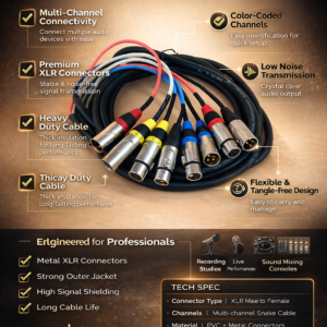 TZ SMART 4 Channel XLR Snake Cable 2 Meter – Professional Multi Core Audio Cable for DJ, Studio & Live Sound